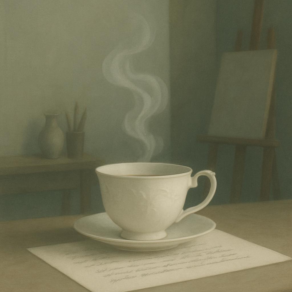 A sepia-toned photograph of a white teacup and saucer resting on a piece of paper in a studio. The steam rising from the c...