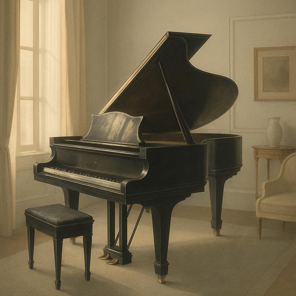 A black grand piano in a room with white walls, a gray curtain, and a beige chair.