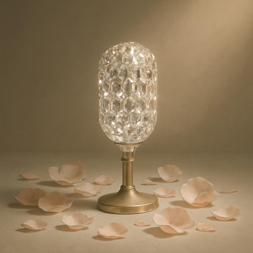 A clear, textured glass lamp with a gold-colored base, surrounded by pale pink rose petal, set against a beige-colored wal...